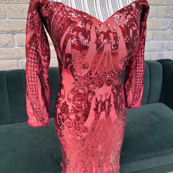 Women's Off Shoulder sleeve Sequins Mermaid Prom Gowns Evening Dress - Picture 3 of 7